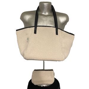 2 PC Neiman Marcus White Sherpa Shearling Tote Bag Faux Fur  New 19 x 11 x6